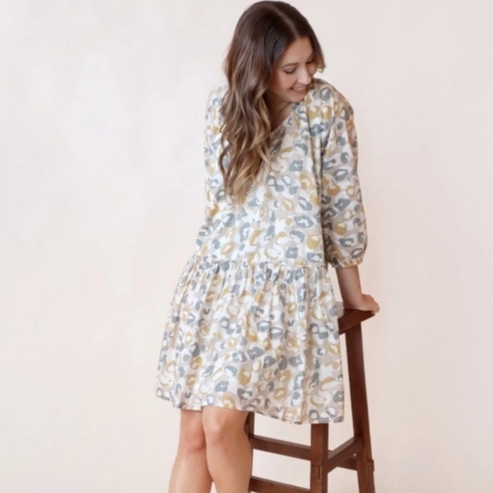 Able Floral Tiered Mini Dress in Cream, Gray, and Mustard